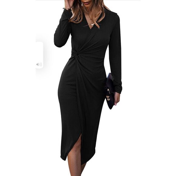 NEW Bodycon Midi Dress V Neck Twist Front Waist Slit Ribbed Knit L - Picture 1 of 5